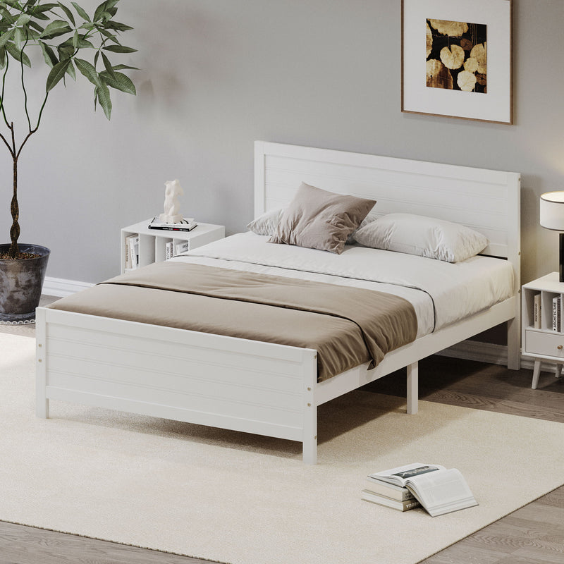 Queen Size Wood Platform Bed Frame With Headboard, Mattress Foundation With Wood Slat Support, No Box Spring Needed - White