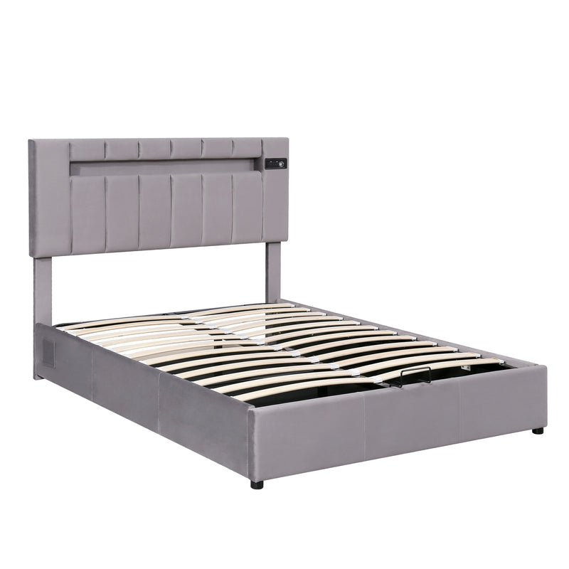 Upholstered Bed Full Size with LED light, Bluetooth Player and USB Charging, Hydraulic Storage Bed in Gray Velvet Fabric