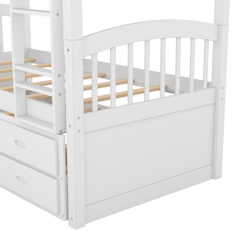 Twin over Twin Wood Bunk Bed with Trundle and Drawers,White