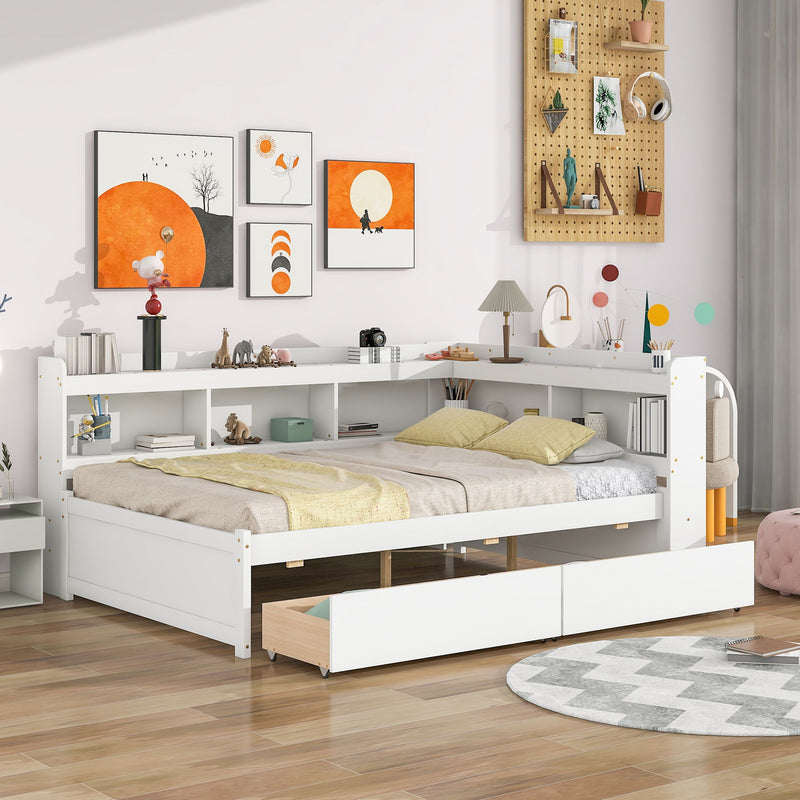 Full Bed With L-Shaped Bookcases, Drawers - White