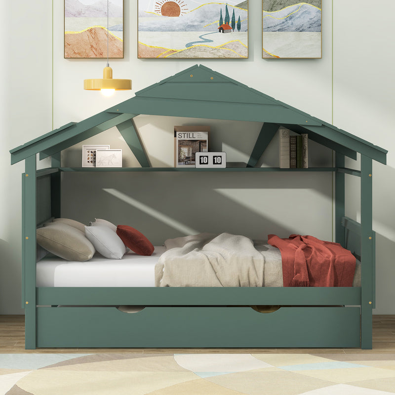 Wood Full Size House Bed with Twin Size Trundle and Storage, Green