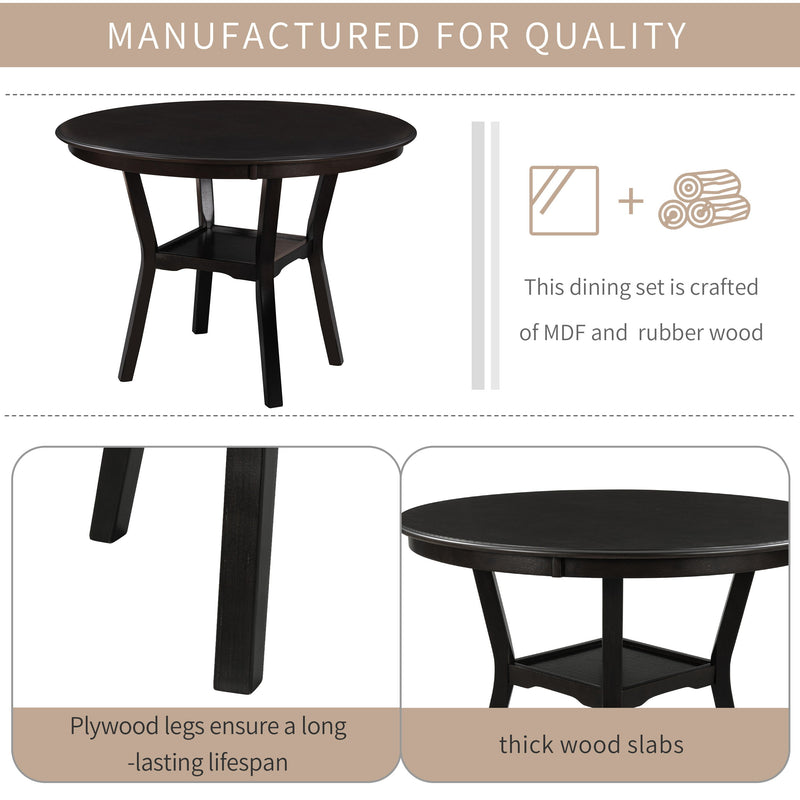 5 Piece Kitchen Dining Table Set Round Table With Bottom Shelf, 4 Upholstered Chairs For Dining Room - Espresso