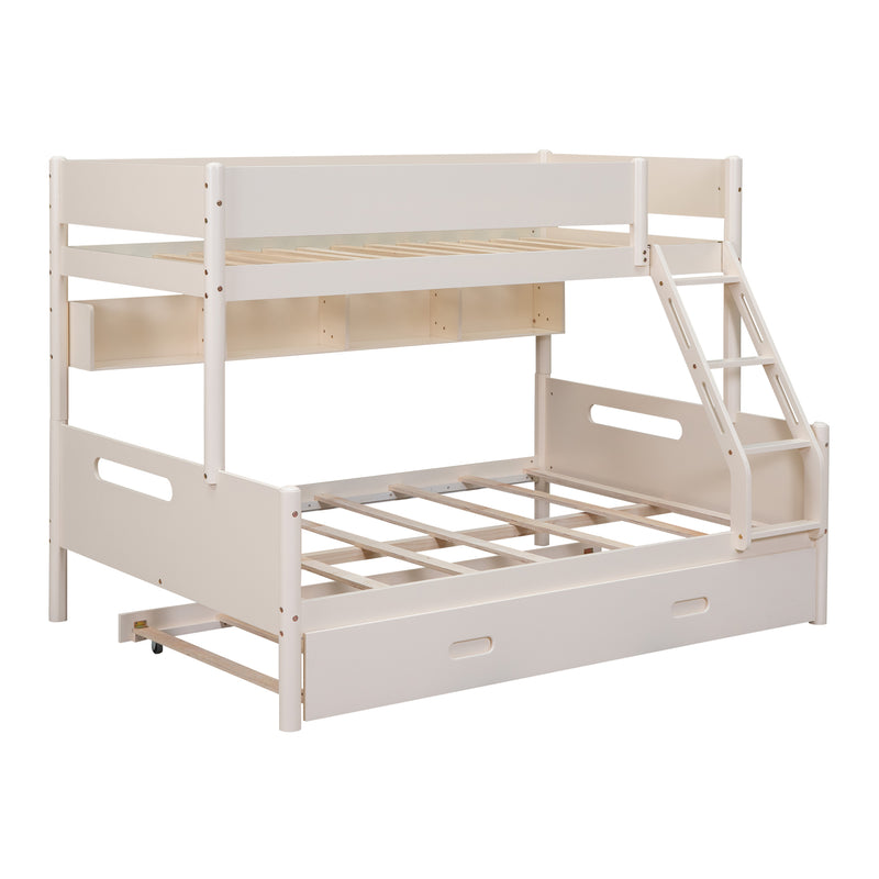 Wood Twin over Full Bunk Bed with Storage Shelves and Twin Size Trundle, Cream