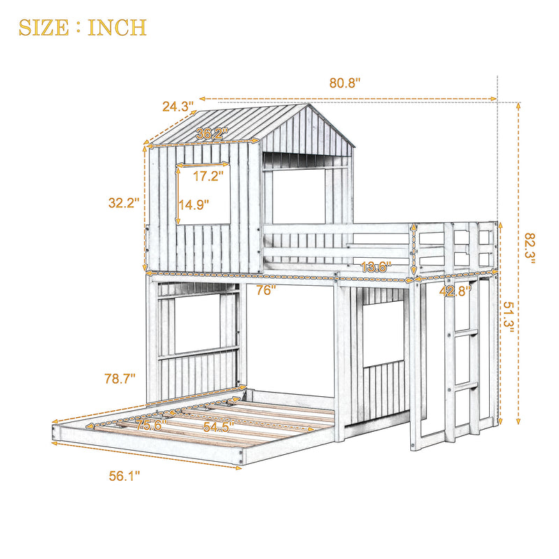 Wooden Twin Over Full Bunk Bed, Loft Bed with Playhouse, Farmhouse, Ladder and Guardrails , Antique Gray( old sku: LT000027AAE )