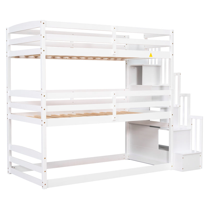 Twin Size Triple Bunk Bed with Storage Staircase,Separate Design,White