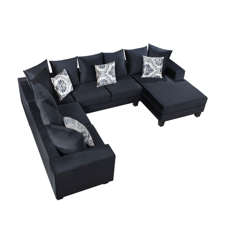 Modern U Shape Sectional Sofa, Velvet Corner Couch With Lots Of Pillows Included, Elegant And Functional Indoor Furniture For Living Room, Apartment, Office - Black