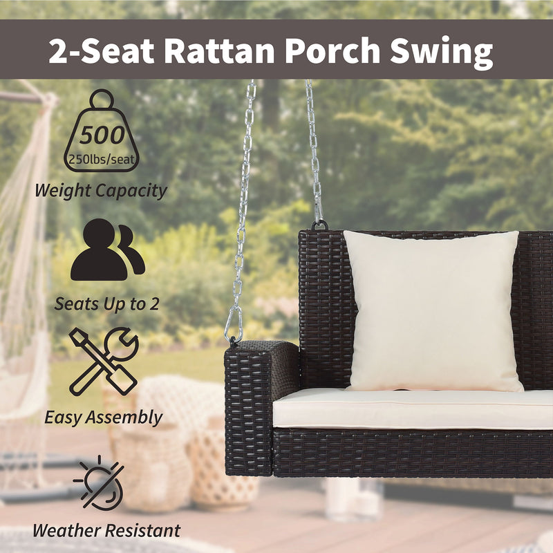 2 Person Wicker Hanging Porch Swing With Chains, Cushion, Pillow, Rattan Swing Bench For Garden, Backyard