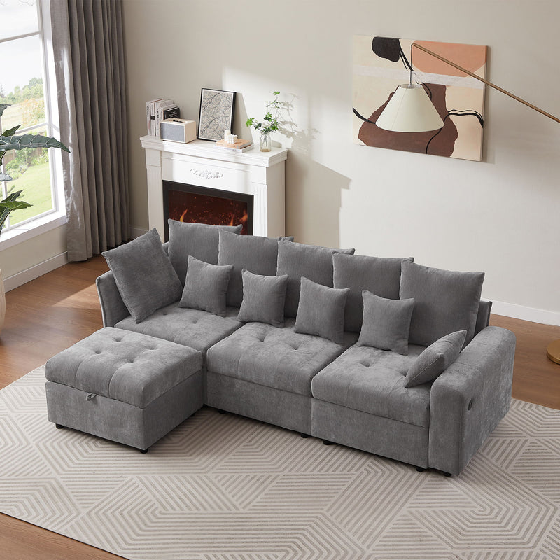 Sectional Sofa Modular Sofa Couch With Three USB Ports, A Removable Storage Ottoman And Five Back Pillows For Living Room