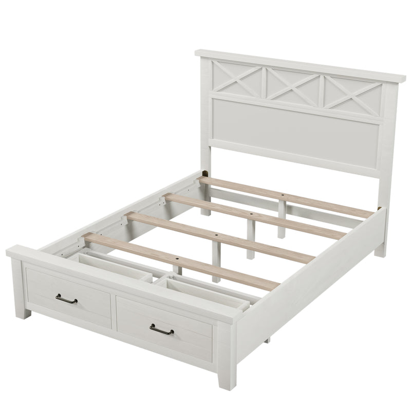 Rustic Farmhouse Style Whitewash Queen Storage Panel Bed with Two Drawers, White(old sku:BS301592AAK)