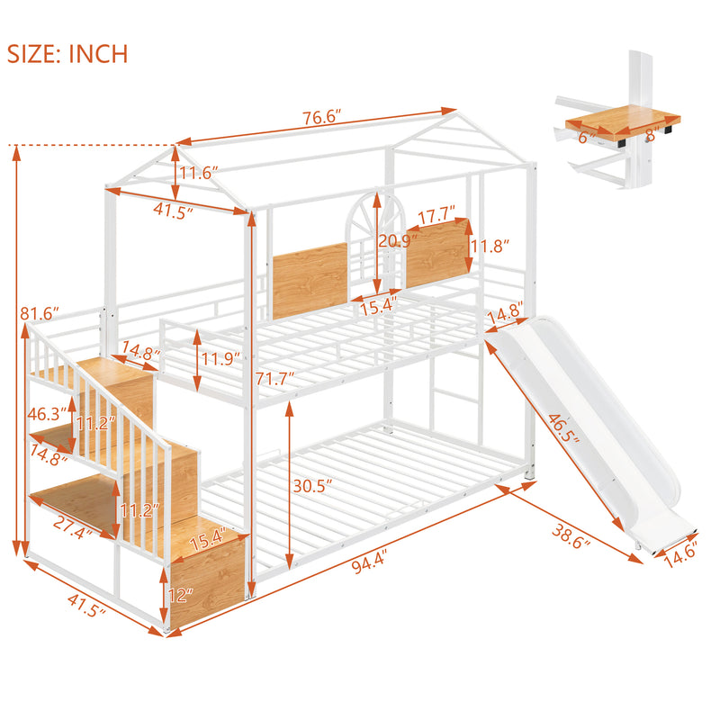 Twin Over Twin Metal Bunk Bed, Metal Housebed with Slide and Storage Stair, White with White Slide