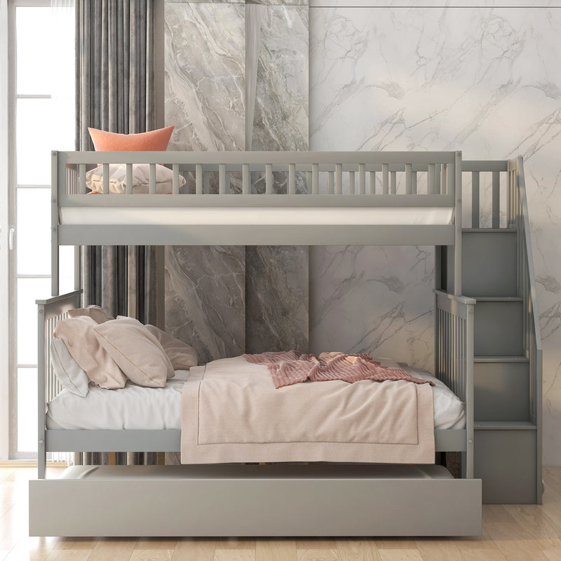 Twin over Full Bunk Bed with Trundle and Staircase,Gray