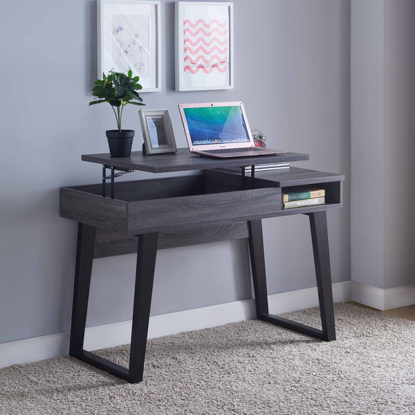 Home Office Desk, Lift-Top Desk With Storage - Distressed Grey & Black