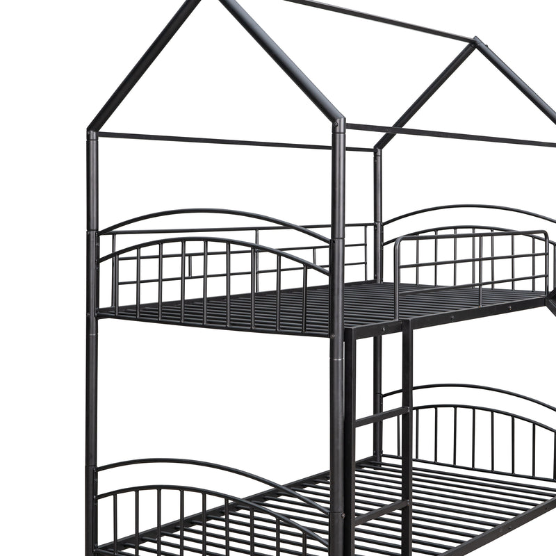 Twin Over Twin Metal Bunk Bed With Slide,Kids House Bed Black