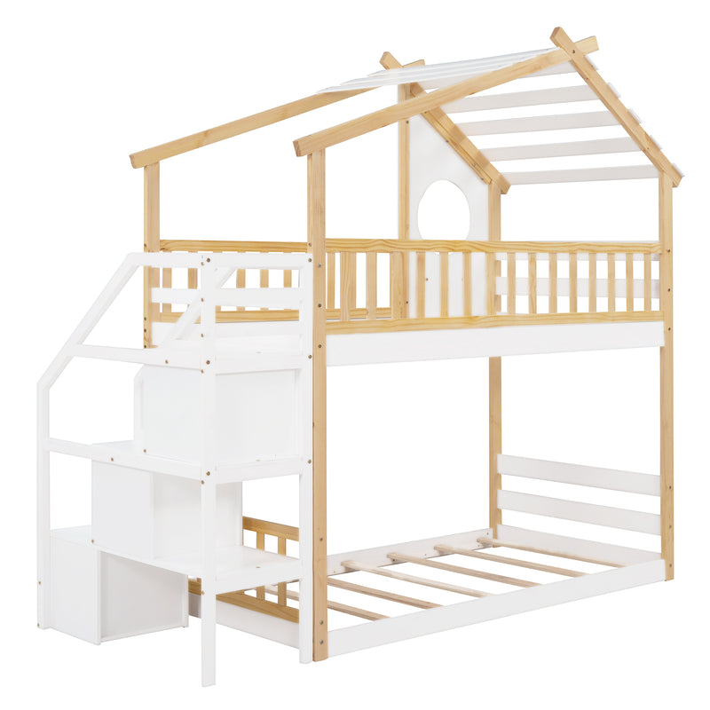 Stairway Twin-Over-Twin Bunk Bed,House Bed,Storage and Guard Rail,Natural Bed +White Stair(OLD SKU :LT000308AAK)