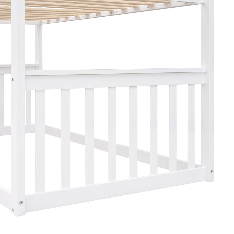 Twin Over Twin House Bunk Bed With Ladder, Wood Bed-White