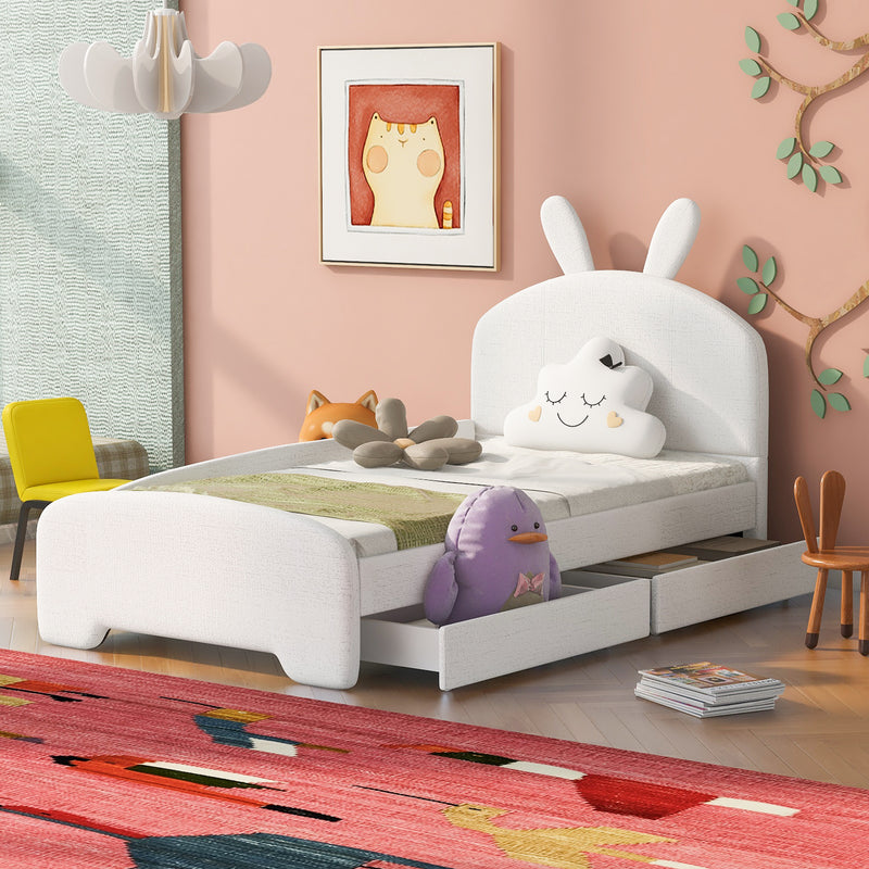 Twin Size Upholstered Platform Bed with Cartoon Ears Shaped Headboard and 2 Drawers, White