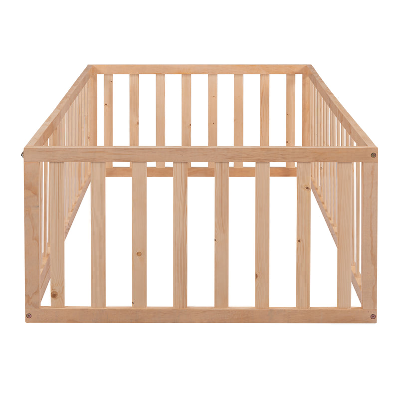 Twin Size Wood Floor Bed Frame with Fence and Door, Natural(OLD SKU :WF289661AAM)