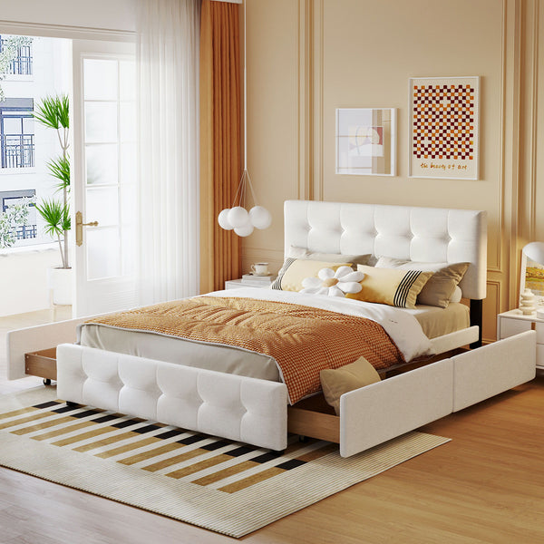 Queen Size Upholstered Platform Bed With Classic Headboard And 4 Drawers, No Box Spring Needed - White