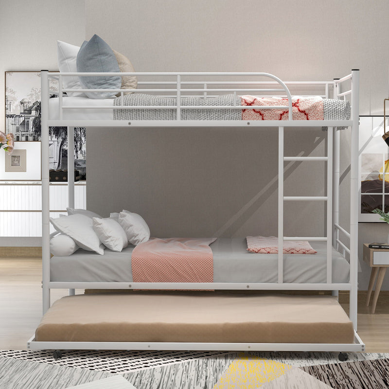 Twin Over Twin Metal Bunk Bed With Trundle (Can Be Divided Into Two Beds), No Box Spring Needed - White