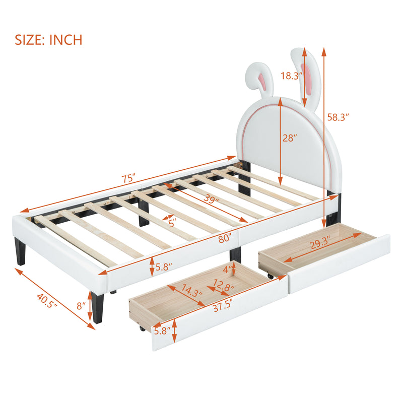 Twin Size Upholstered Leather Platform Bed with Rabbit Ornament and 2 Drawers, White