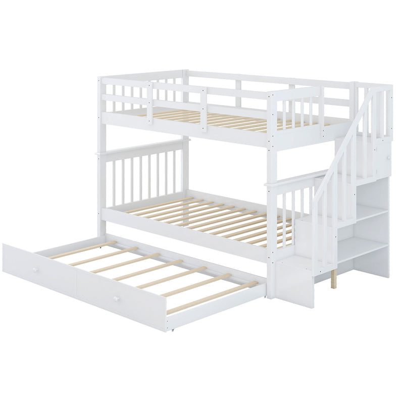 Stairway Twin Over Twin Bunk Bed With Twin Size Trundle For Bedroom, Dorm, Adults - White