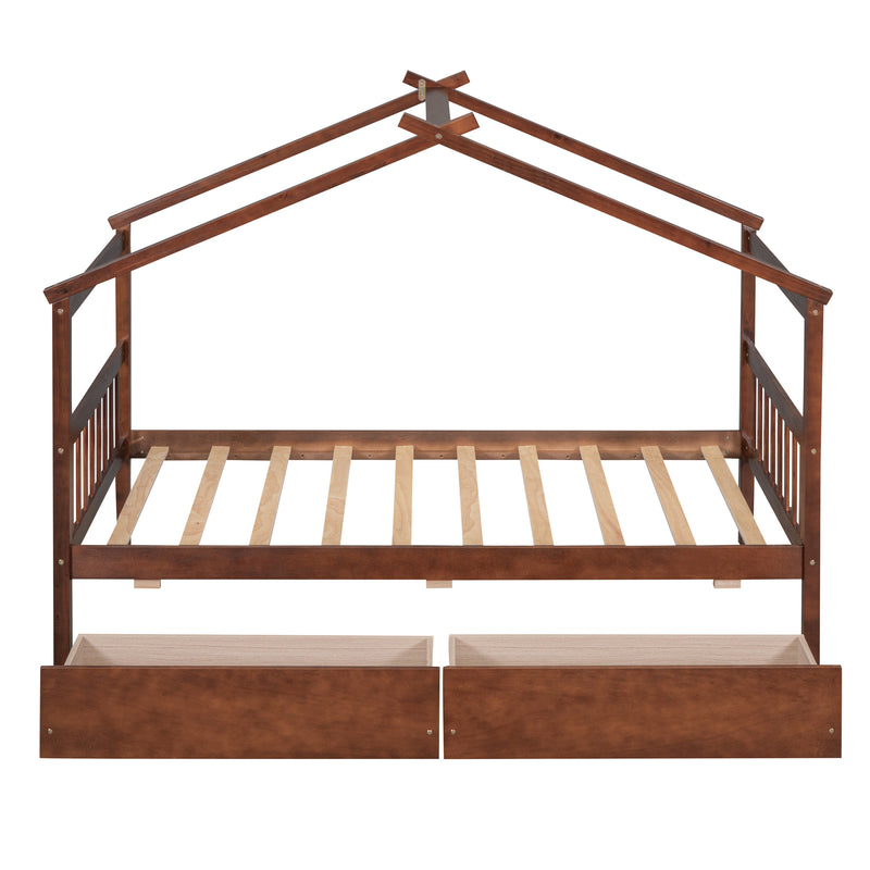 Twin Size Wooden House Bed with Drawers, Walnut