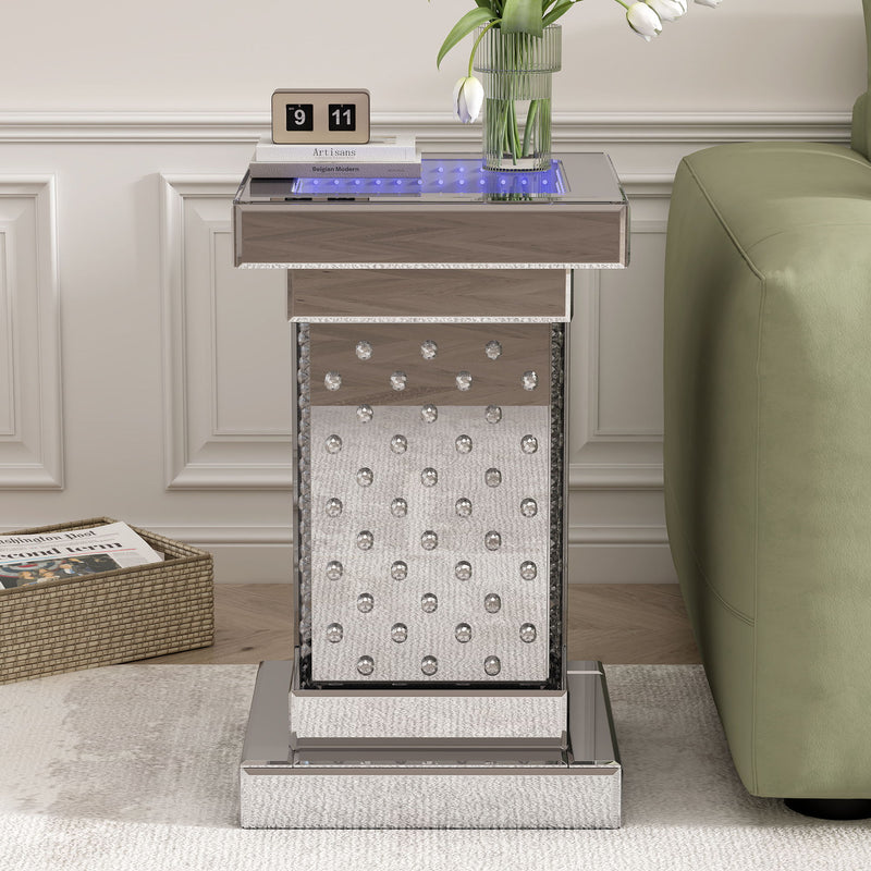 Square Mirrored End Table With Led Lights, Modern Side Table With Crystal Inlay For Living Room