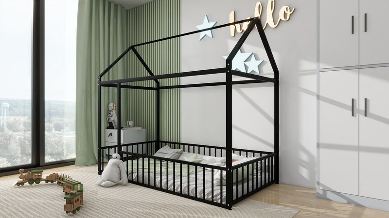 Twin Size Metal Bed House Bed Frame With Fence, For Kids, Teens, Girls, Boys