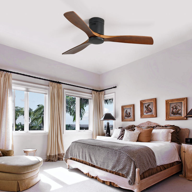 Indoor Wooden Ceiling Fan With 3 Solid Wood Blades Remote Control Reversible Dc Motor Without Light - Dark Brown / Black