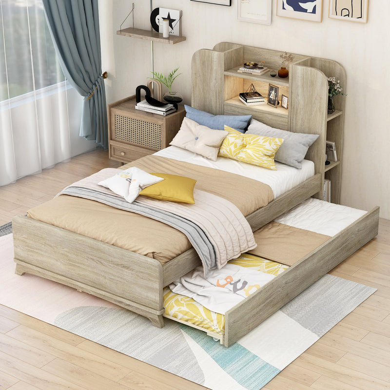 Twin Size Storage Platform Bed Frame with with Trundle and Light Strip Design in Headboard,Natural