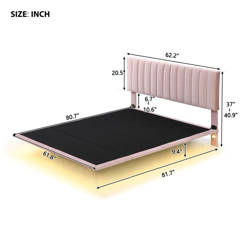 Queen Size Upholstered Bed With Sensor Light And Headboard, Floating Velvet Platform Bed - Pink