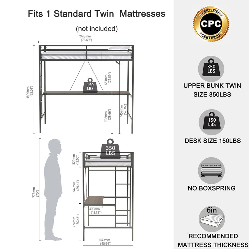 Adam - Twin Loft Bunk Bed With Cinnamon Wood Desk And Closet Rod - Black