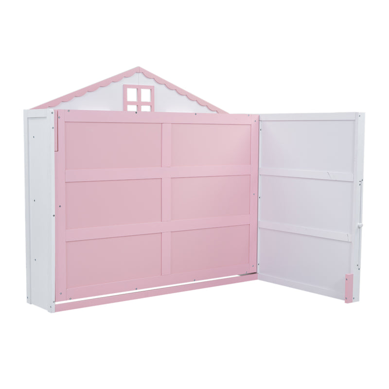 Wood Full Size House Murphy Bed with USB, Storage Shelves and Blackboard, Pink+White