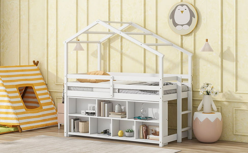 Twin House Loft Bed With Roof Frame, Under Bed Shelving Storage Unit, Guardrails, Ladder - White