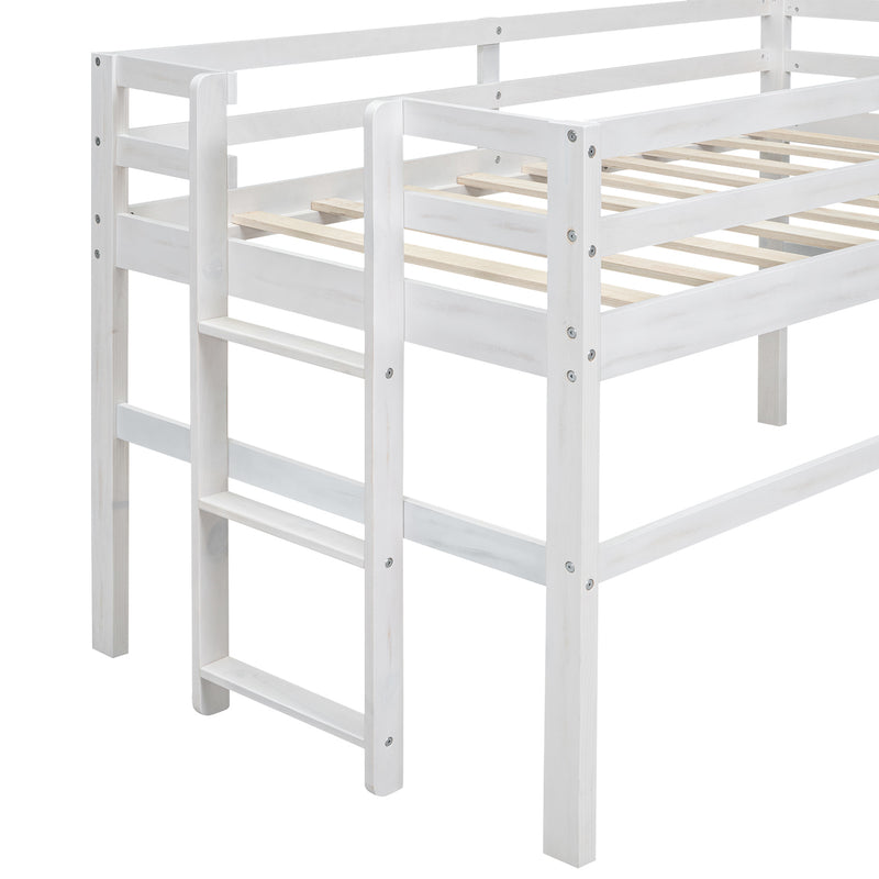 Wood Twin Size Loft Bed with Side Ladder, Antique White