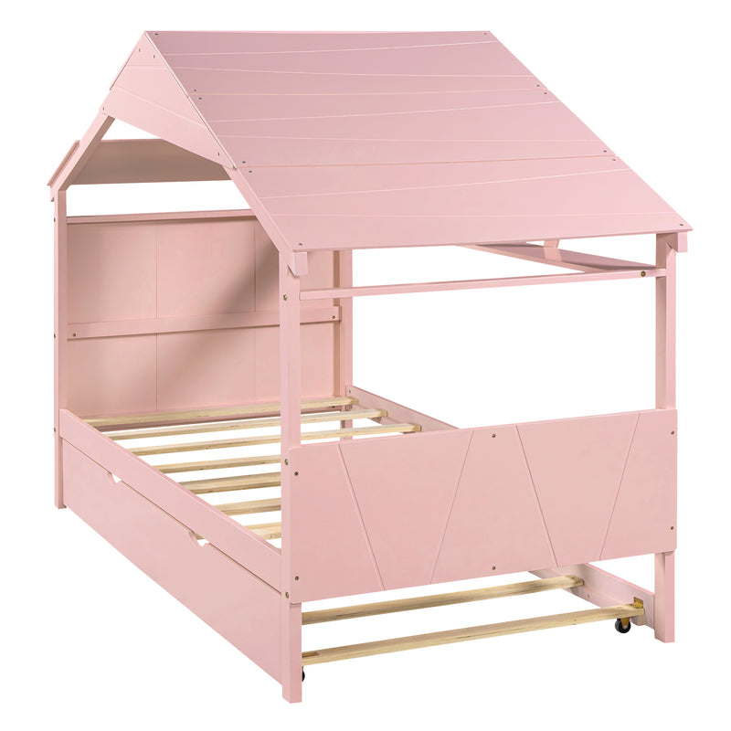 Wood Twin Size House Bed with Trundle and Storage, Pink