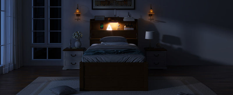 Wooden LED Platform Bed With Trundle, With Storage Headboard, With Drawers