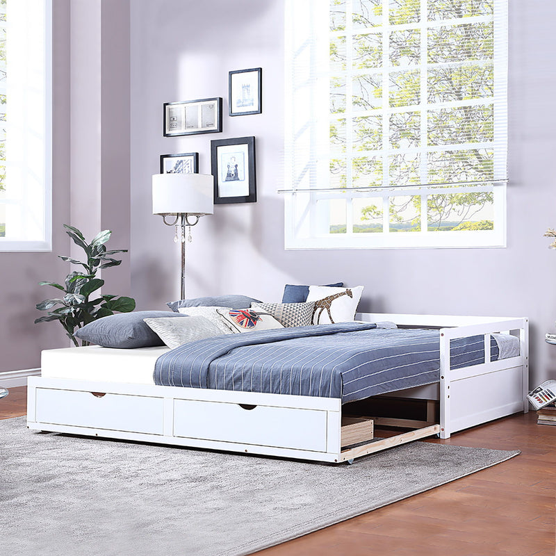 Wooden Daybed With Trundle Bed And Two Storage Drawers, Extendable Bed Daybed, Sofa Bed For Bedroom Living Room - White