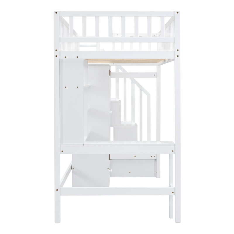 Twin size Loft Bed with Bookshelf,Drawers,Desk,and Wardrobe-White