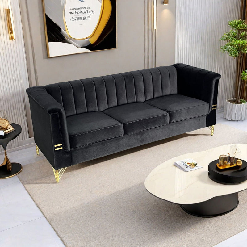 Fx-P82-Bk (Sofa) Modern Sofa Couches For Living Room, Velvet Tight Back Chesterfield Design Couch Upholstered Sofa With Metal Legs Decor Furniture For Bedroom - Black