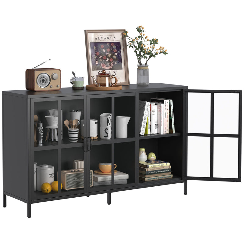 Heavy Duty Metal Modern Sideboard Buffet Cabinet With Storage Premium Steel Storage Cabinet, Adjustable Feet, Glass Doors, Large Capacity Organizer