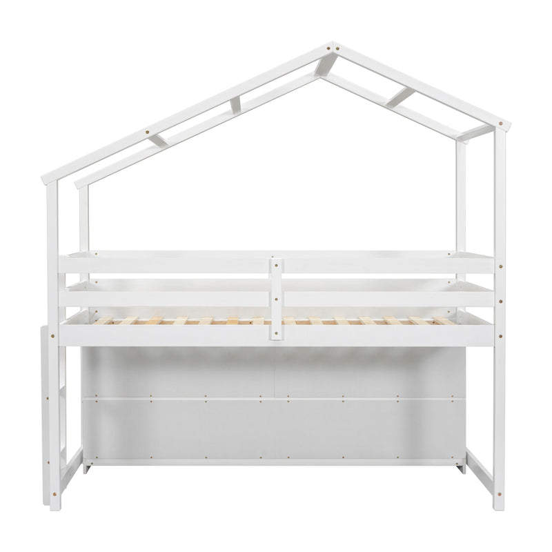 Twin House Loft Bed With Roof Frame, Under Bed Shelving Storage Unit, Guardrails, Ladder - White