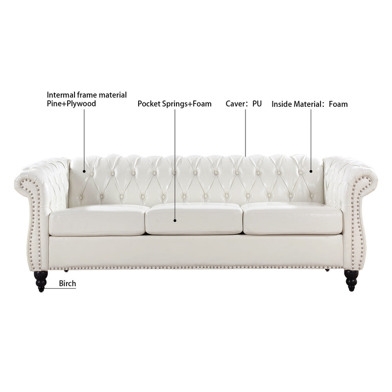 84.65" Rolled Arm Chesterfield 3 Seater Sofa - White