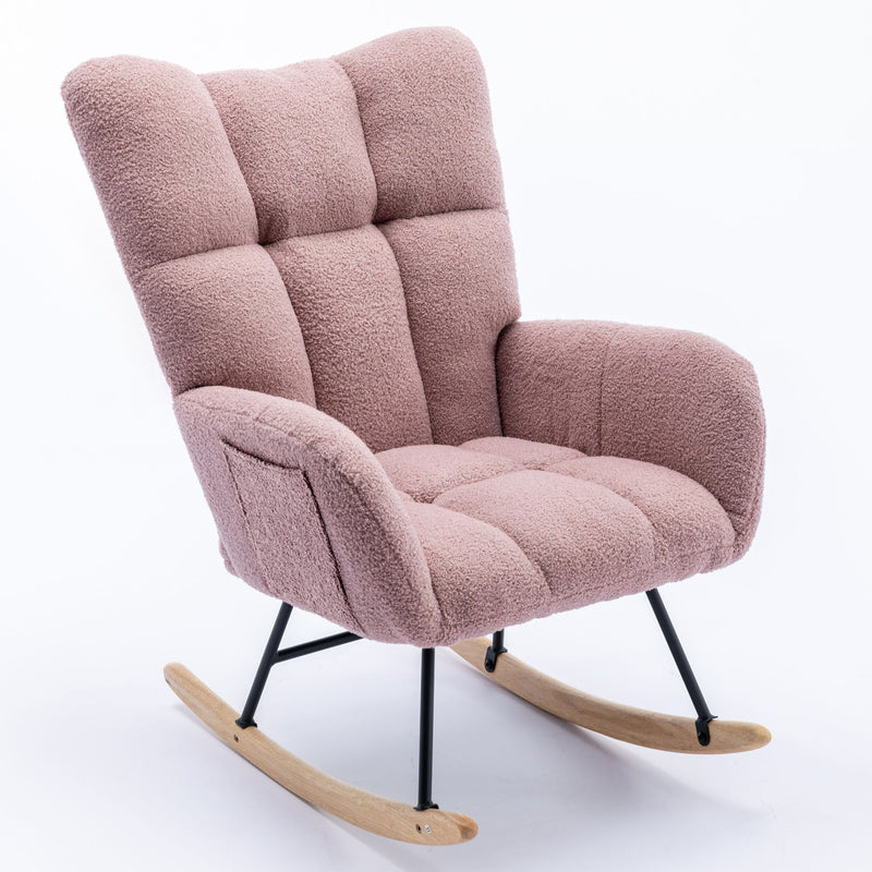 Rocking Chair With Pocket, Soft Teddy Fabric Rocking Chair For Nursery, Comfy Wingback Glider Rocker With Safe Solid Wood Base For Living Room