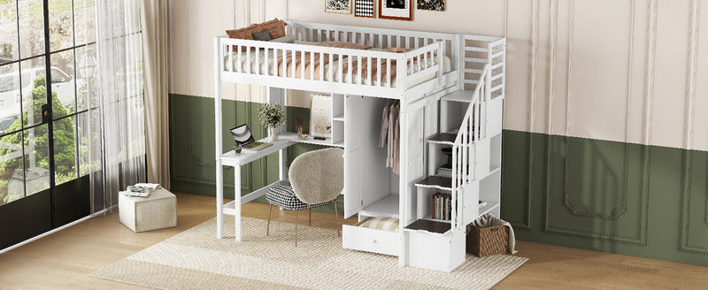 Twin size Loft Bed with Bookshelf,Drawers,Desk,and Wardrobe-White