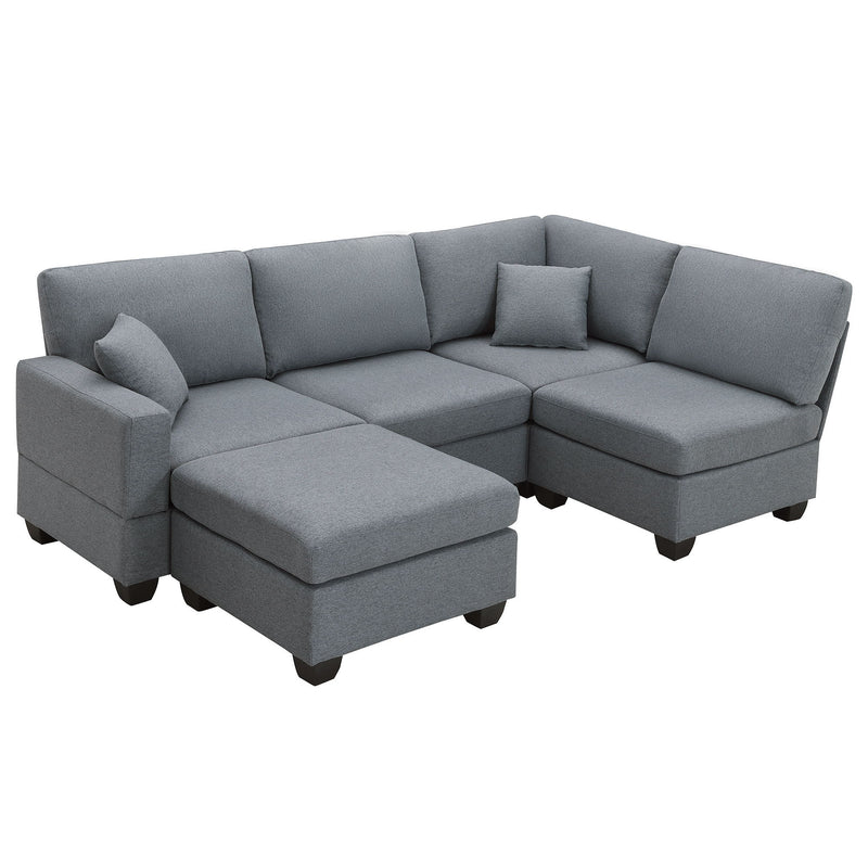 Modern Sectional Sofa, 5-Seat Modular Couch Set With Convertible Ottoman, L-Shape Linen Fabric Corner Couch Set With 2 Pillows For Living Room, Apartment, Office