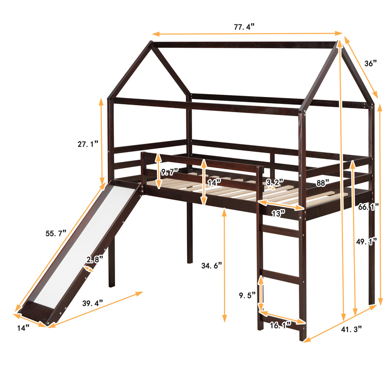 Twin Loft Bed with Slide, House Bed with Slide,Gray(OLD SKU :WF286245AAP)