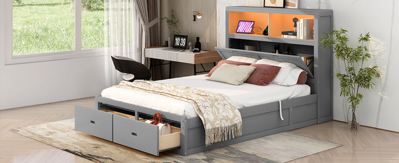 Wood Queen Size Hydraulic Platform Bed with Storage LED Headboard, Charging Station and 2 Drawers, Gray