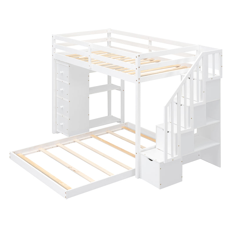 Twin Over Full Bunk Bed with 3-layer Shelves, Drawers and Storage Stairs, White