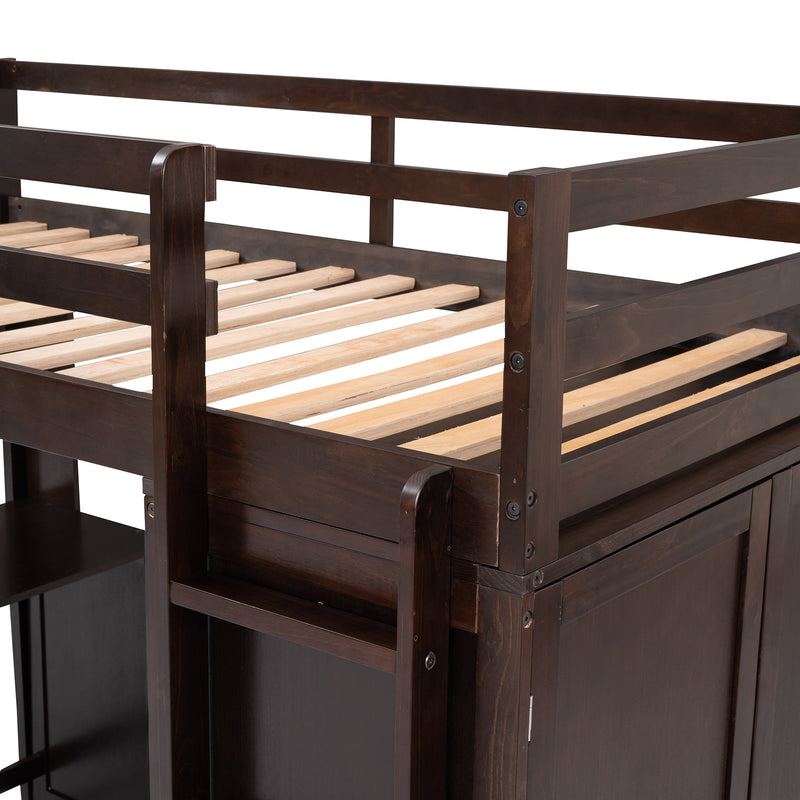 Twin size Loft Bed with Drawers,Desk,and Wardrobe-Espresso